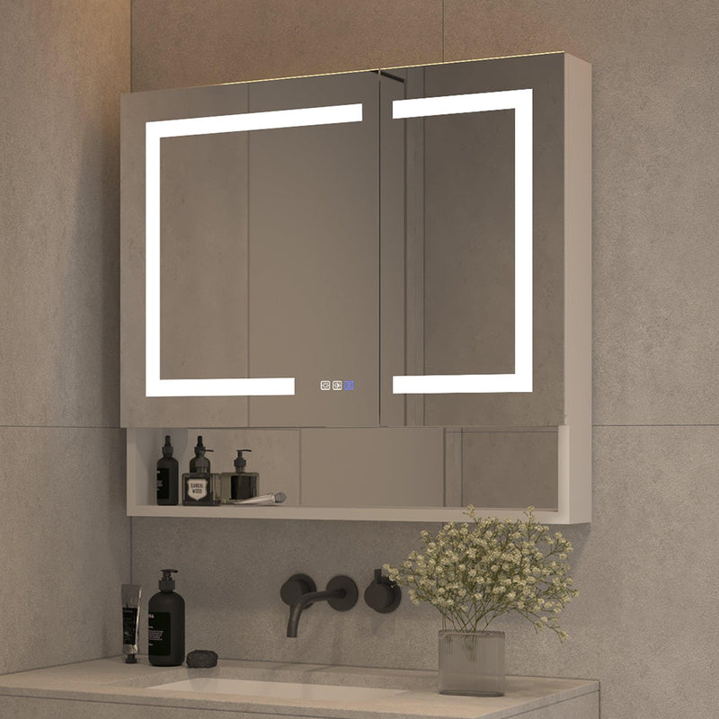 Supfirm Lighted Medicine Cabinet 36 x 32 Inch, Recessed or Surface , Clock, Room Temp Display,Defog,Night Light,Stepless Dimming,3000K-6400K, Outlets & USBs,Double Sided Mirror.Silver External Storage Shelf - Supfirm