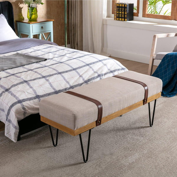 Linen Fabric soft cushion Upholstered solid wood frame Rectangle bed bench with powder coating metal legs ,Entryway footstool - Supfirm