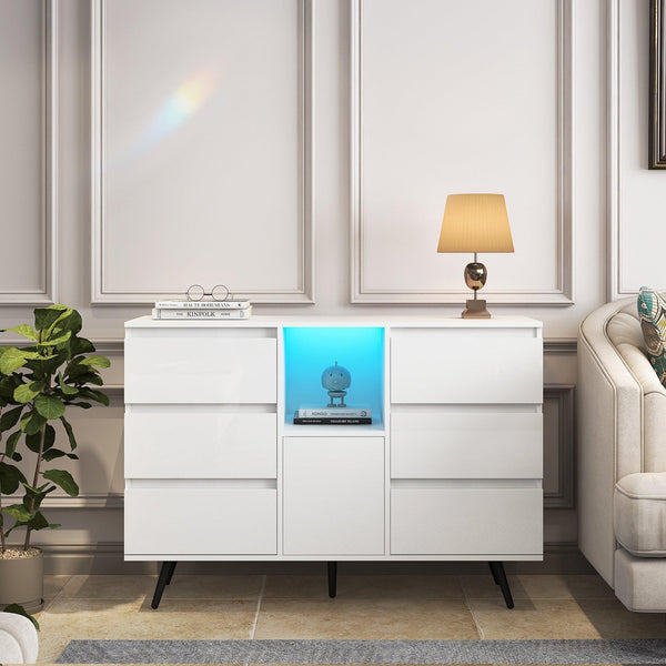 Supfirm Living Room Sideboard Storage Cabinet White High Gloss with LED Light, Modern Kitchen Unit Cupboard Buffet Wooden Storage Display Cabinet - Supfirm