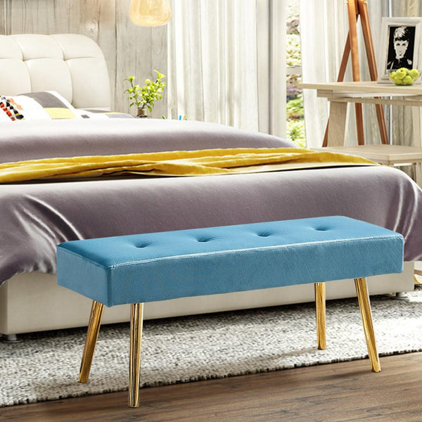 Long Bench Bedroom Bed End Stool Bed Benches Blue Tufted Velvet With Gold Legs - Supfirm