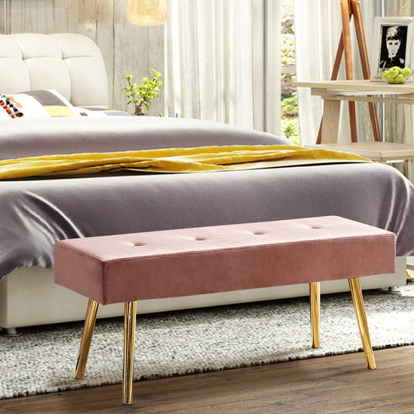 Long Bench Bedroom Bed End Stool Bed Benches Pink Tufted Velvet With Gold Legs - Supfirm