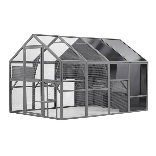 Luxury Cat Cage Outdoor Wooden Catio Enclosure Patio Large Cat Run House for Multiple Pets Walk in Kitten Kennel with Bouncy Bridge, Platforms, Small Houses, Seating and Sunshine Panel- 108.7'', Gray - Supfirm