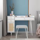 Makeup Vanity with Drawers, Mid-Century Dressing Table White Wood Desk with Rattan Door - Supfirm