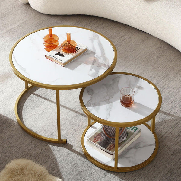 Supfirm Marble Pattern MDF Top with Gold Metal Frame nesting coffee table set of 2 - Supfirm