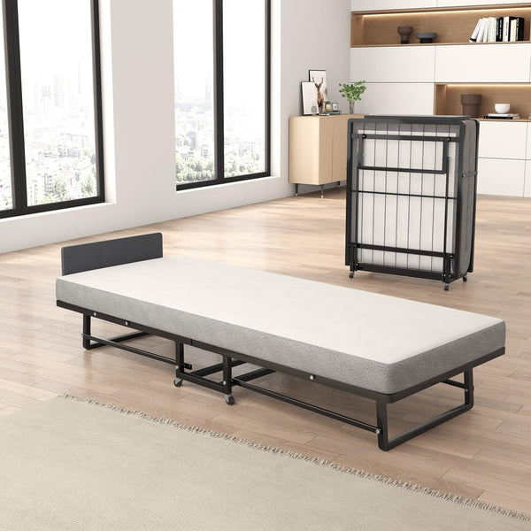 Metal Folding Bed Frame with Foam Mattress, Easy Storage and Movable with 4 Castors - Supfirm