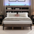 Mid Century Modern Style Queen Bed Frame with Bookshelf and LED Lights and USB Port, Walnut and Black - Supfirm