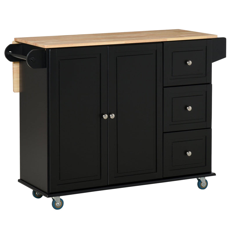 Mobile Kitchen Island with Drop Leaf, Storage Trolley Cart on Wheels, Towel/Spice Rack, 3 Drawers, 2-Door Cabinet, Black - Supfirm