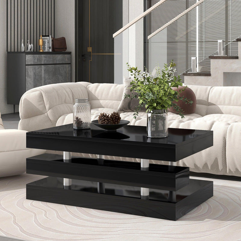 Supfirm Modern 2-Tier Coffee Table with Silver Metal Legs, Rectangle Cocktail Table with High-gloss UV Surface, Minimalist Design Center Table for Living Room, Black - Supfirm