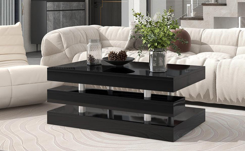 Supfirm Modern 2-Tier Coffee Table with Silver Metal Legs, Rectangle Cocktail Table with High-gloss UV Surface, Minimalist Design Center Table for Living Room, Black - Supfirm