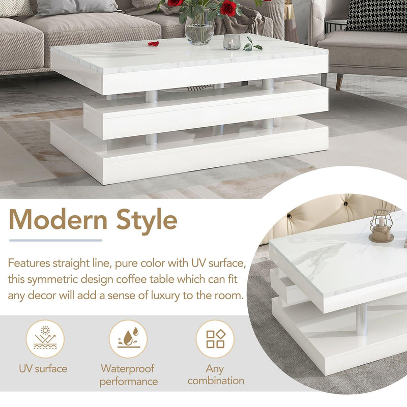 Supfirm Modern 2-Tier Coffee Table with Silver Metal Legs, Rectangle Cocktail Table with High-gloss UV Surface, Minimalist Design Center Table for Living Room, White - Supfirm