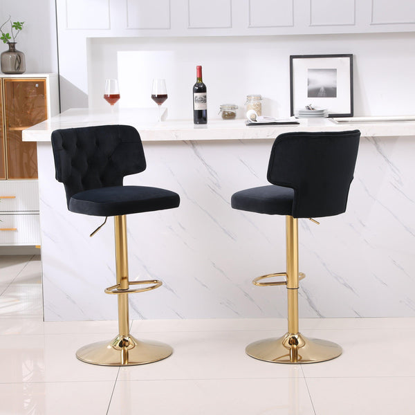 Modern Barstools Bar Height, Swivel Velvet Bar Stool Counter Height Bar Chairs Adjustable Tufted Stool with Back& Footrest for Home Bar Kitchen Island Chair (Black, Set of 2) - Supfirm