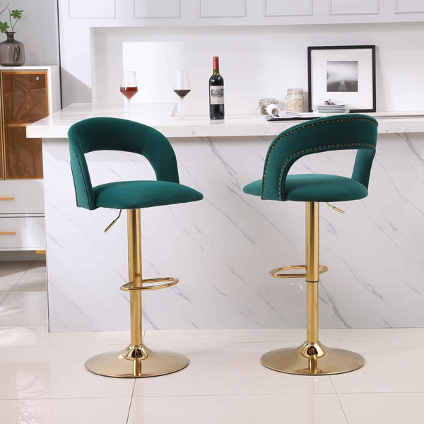 Modern Barstools Bar Height, Swivel Velvet Bar Stool Counter Height Bar Chairs Seat Adjustable Tufted Stool with Back& Footrest for Home Bar Kitchen Island Chair (Emerald, Set of 2) - Supfirm