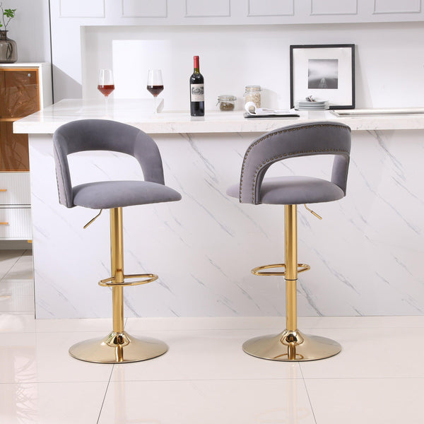 Modern Barstools Bar Height, Swivel Velvet Bar Stool Counter Height Bar Chairs Seat Adjustable Tufted Stool with Back& Footrest for Home Bar Kitchen Island Chair (Grey, Set of 2) - Supfirm