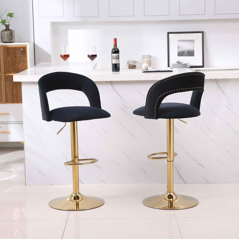 Modern Barstools Bar Height, Swivel Velvet Bar Stool Counter Height Bar Seat Chairs Adjustable Tufted Stool with Back& Footrest for Home Bar Kitchen Island Chair (Black, Set of 2) - Supfirm