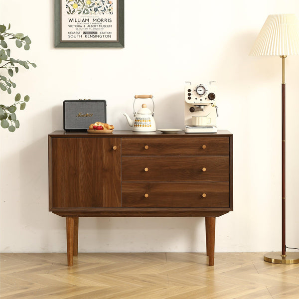 Supfirm Modern Buffet Cabinet Sideboard with Walnut Finish, Solid Wood Legs - 43.3 Inch Stylish Design, One Door, Three Drawers, Smooth Metal Rails - Supfirm