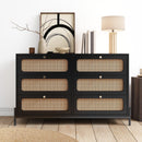 Modern Cannage Rattan Wood Closet 6-Drawer Dresser Wood Storage Cabinet Sideboard for Bedroom, Living Room, Entryway, Hallway, Black - Supfirm