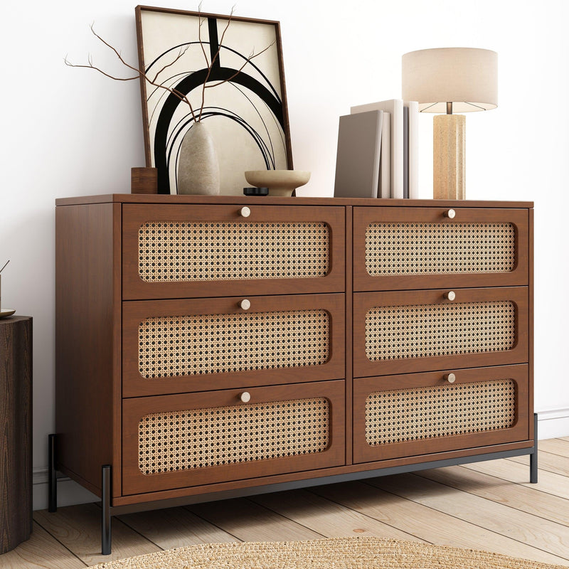 Modern Cannage Rattan Wood Closet 6-Drawer Dresser Wood Storage Cabinet Sideboard for Bedroom, Living Room, Entryway, Hallway, Walnut - Supfirm