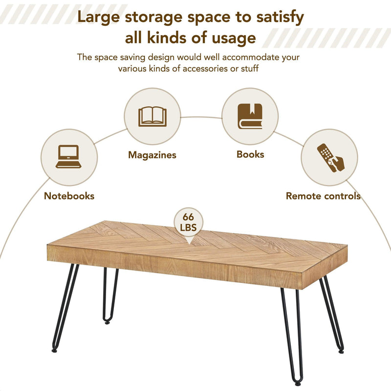 Supfirm Modern Coffee Table, Easy Assembly Tea Table, Thicken Cocktail Table with w/Chevron Pattern & Metal Hairpin Legs for Living Room, Ash Wood Finished - Supfirm