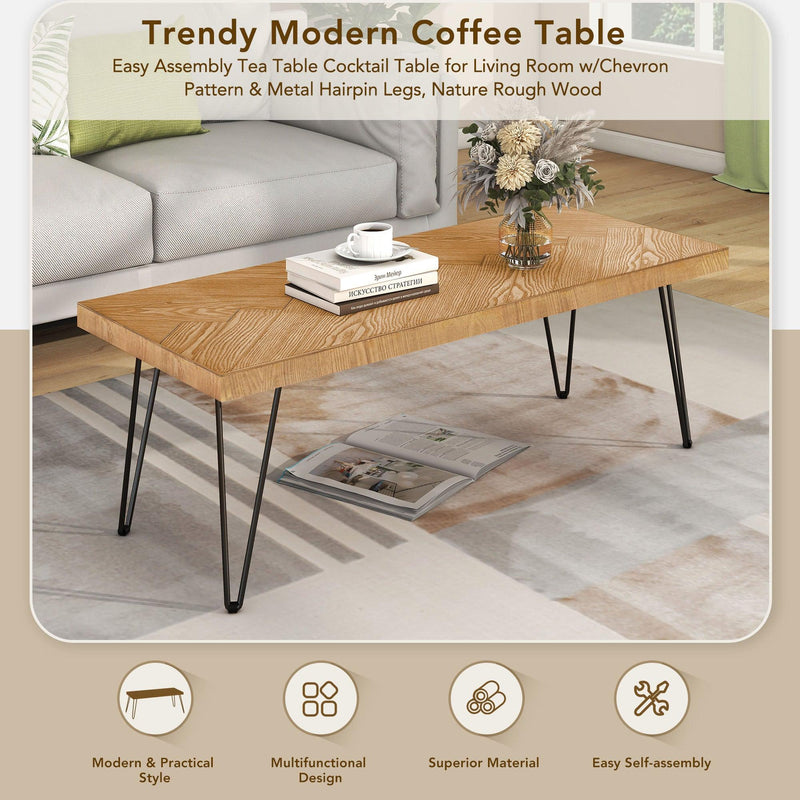 Supfirm Modern Coffee Table, Easy Assembly Tea Table, Thicken Cocktail Table with w/Chevron Pattern & Metal Hairpin Legs for Living Room, Ash Wood Finished - Supfirm