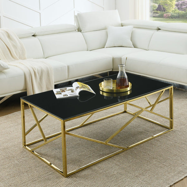 Supfirm Modern Rectangular Coffee Accent Table with Black Tempered Glass Top and Stainless Steel Frame for Living Room Bedroom - Gold - Supfirm