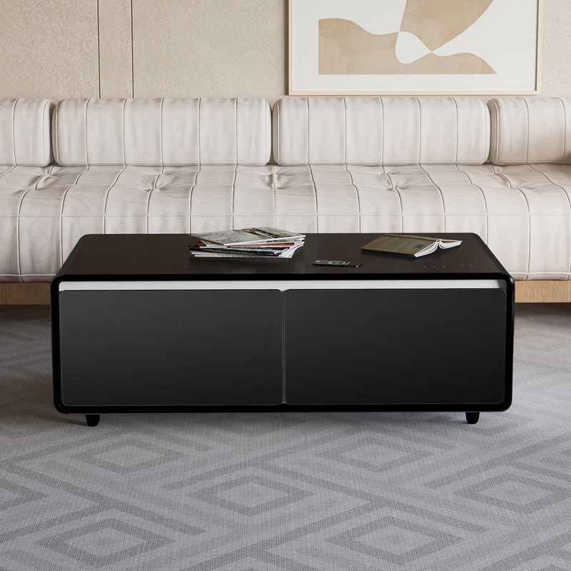 Supfirm Modern Smart Coffee Table with Built-in Fridge, Bluetooth Speaker, Wireless Charging Module, Touch Control Panel, Power Socket, USB Interface, Outlet Protection, Atmosphere light, and More - Supfirm