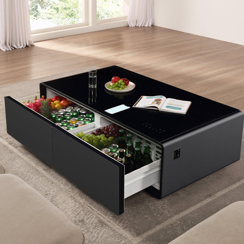 Supfirm Modern Smart Coffee Table with Built-in Fridge, Bluetooth Speaker, Wireless Charging Module, Touch Control Panel, Power Socket, USB Interface, Outlet Protection, Atmosphere light, and More - Supfirm