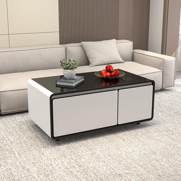 Supfirm Modern Smart Coffee Table with Built in Fridge, Outlet Protection,Wireless Charging, Mechanical Temperature Control, Power Socket, USB Interface and Ice Water Interface, White - Supfirm