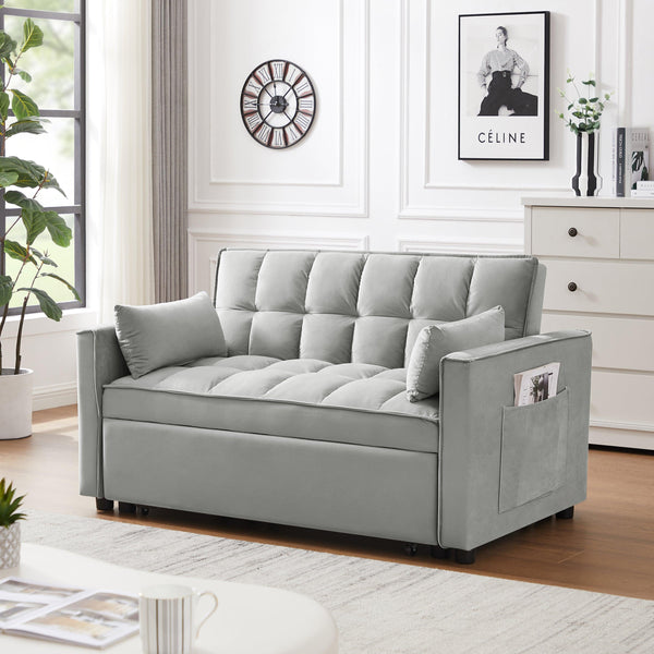 Modern Velvet Loveseat Futon Sofa Couch Pullout Bed, Small Love Seat Lounge Sofa w/Reclining Backrest, Toss Pillows, Pockets, Furniture for Living Room,3 in 1 Convertible Sleeper Sofa Bed, Gray - Supfirm