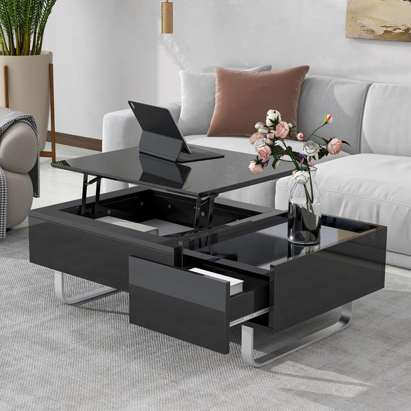 Supfirm Multi-functional Coffee Table with Lifted Tabletop, Contemporary Cocktail Table with Metal Frame Legs, High-gloss Surface Dining Table for Living Room, Black - Supfirm