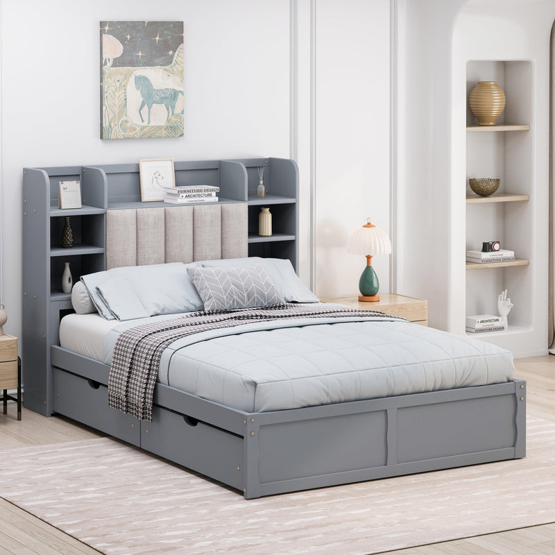 Multi-functional Full Size Bed Frame with 4 Under-bed Portable Storage Drawers and Multi-tier Bedside Storage Shelves, Grey - Supfirm