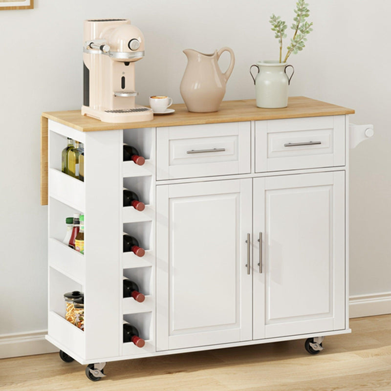 Multi-Functional Kitchen Island Cart with 2 Door Cabinet and Two Drawers,Spice Rack, Towel Holder, Wine Cubbies Rack, and Foldable Rubberwood Table Top (White) - Supfirm