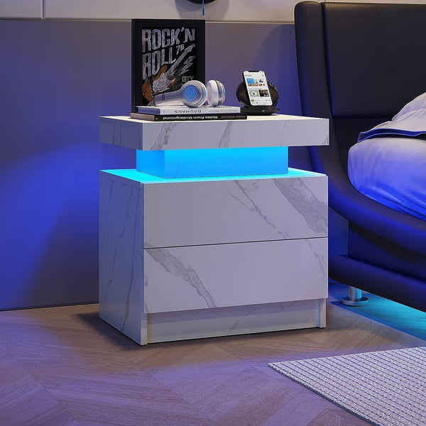 Nightstand LED Bedside Table Cabinet Lights Modern End Side with 2 Drawers for Bedroom (White Stone) - Supfirm