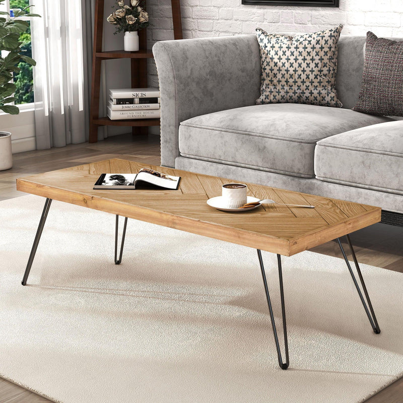 ON-TREND Modern Coffee Table, Easy Assembly Tea Table, Cocktail Table with w/Chevron Pattern & Metal Hairpin Legs for Living Room, Ash Wood Finished - Supfirm