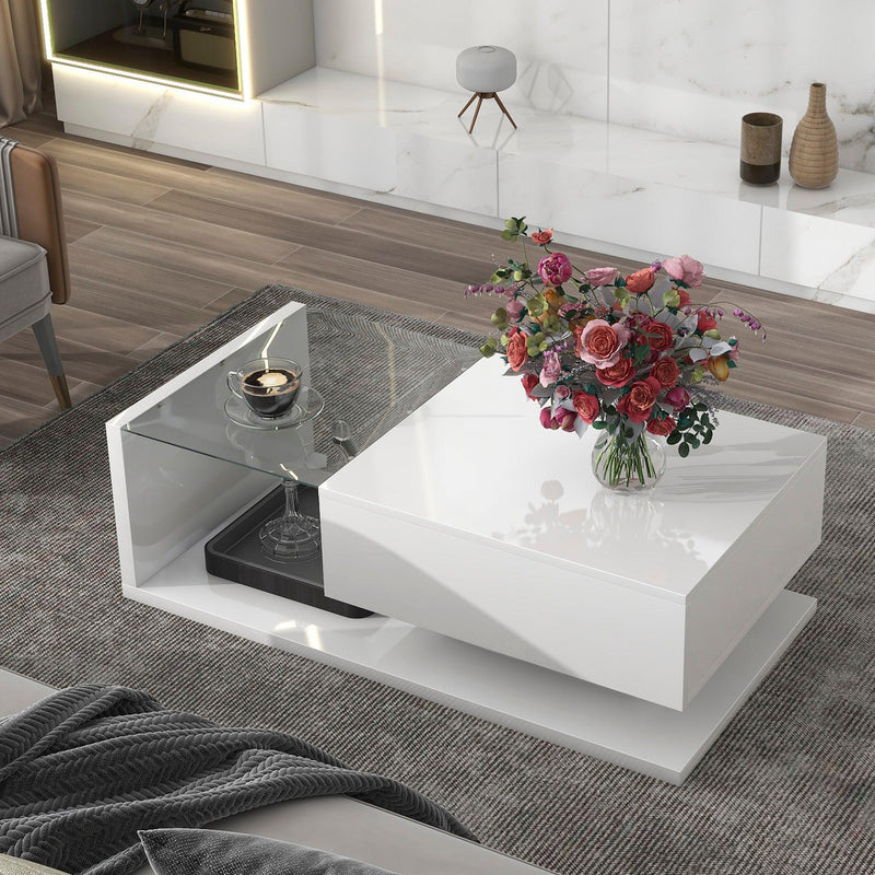 ON-TREND Modern Coffee Table with Tempered Glass, Wooden Cocktail Table with High-gloss UV Surface, Modernist 2-Tier Rectangle Center Table for Living Room, White - Supfirm