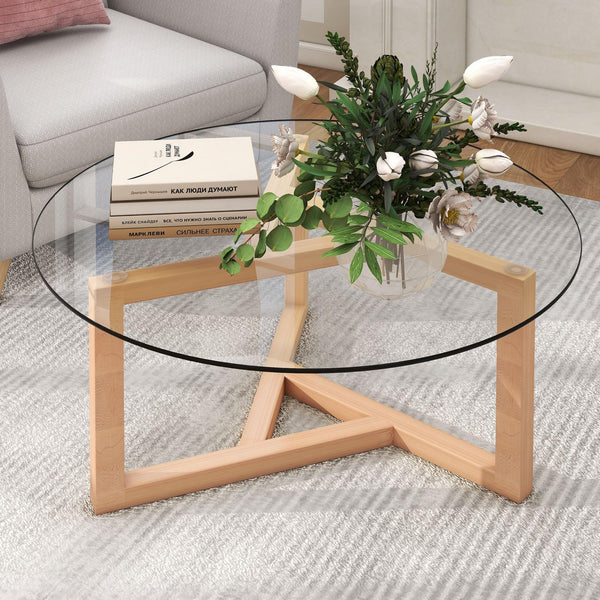 Supfirm ON-TREND Round Glass Coffee Table Modern Cocktail Table Easy Assembly with Tempered Glass Top & Sturdy Wood Base, Natural - Supfirm