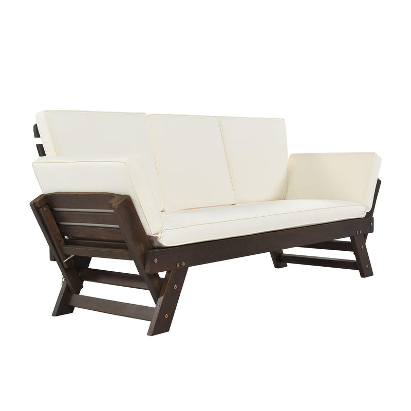 Supfirm Outdoor Adjustable Patio Wooden Daybed Sofa Chaise Lounge with Cushions for Small Places, Brown Finish+Beige Cushion - Supfirm