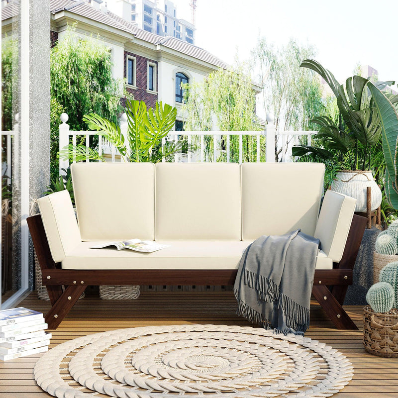 Supfirm Outdoor Adjustable Patio Wooden Daybed Sofa Chaise Lounge with Cushions for Small Places, Brown Finish+Beige Cushion - Supfirm