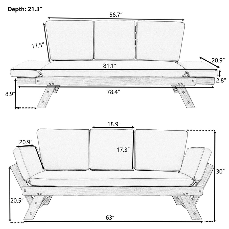 Supfirm Outdoor Adjustable Patio Wooden Daybed Sofa Chaise Lounge with Cushions for Small Places, Brown Finish+Beige Cushion - Supfirm