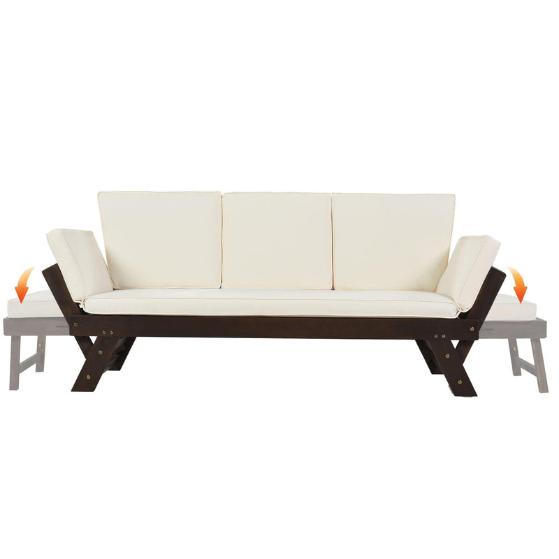 Supfirm Outdoor Adjustable Patio Wooden Daybed Sofa Chaise Lounge with Cushions for Small Places, Brown Finish+Beige Cushion - Supfirm