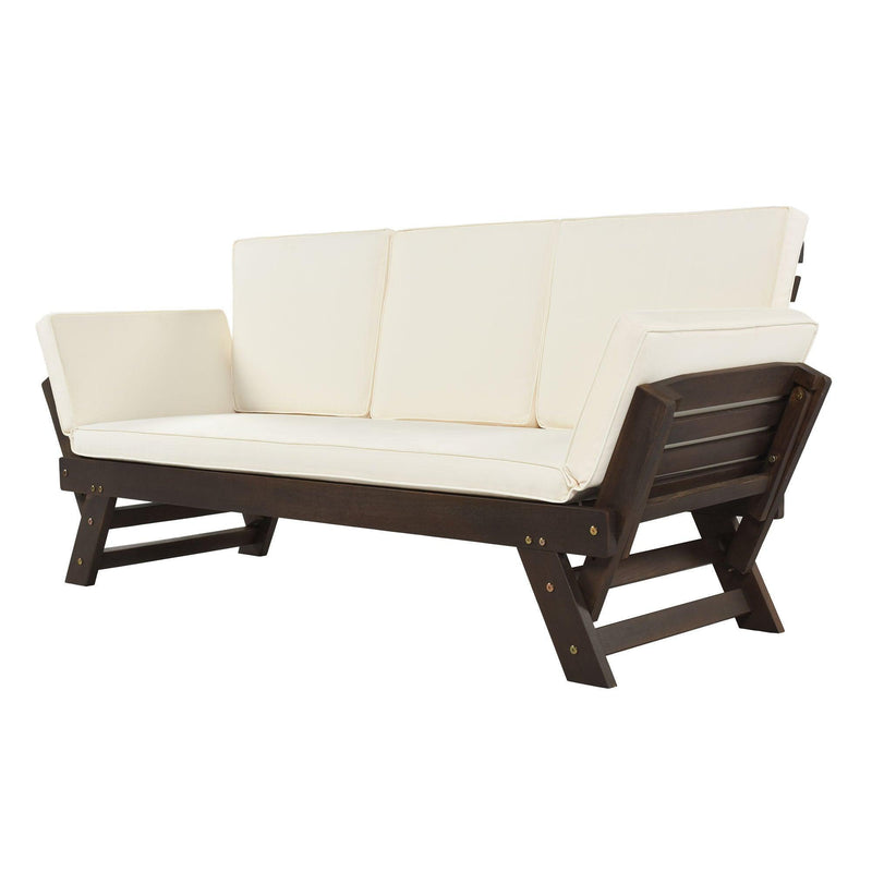 Supfirm Outdoor Adjustable Patio Wooden Daybed Sofa Chaise Lounge with Cushions for Small Places, Brown Finish+Beige Cushion - Supfirm