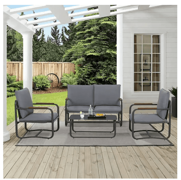 Outdoor Deep Seating Conversation Sofa Set, 4-Pieces Patio Metal Furniture with Dark Gray Cushions - Supfirm