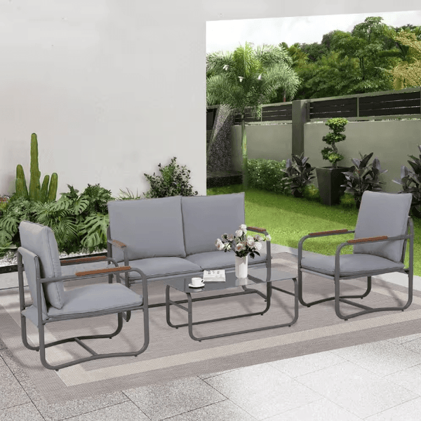 Outdoor Deep Seating Conversation Sofa Set, 4-Pieces Patio Metal Furniture with Light Gray Cushions - Supfirm