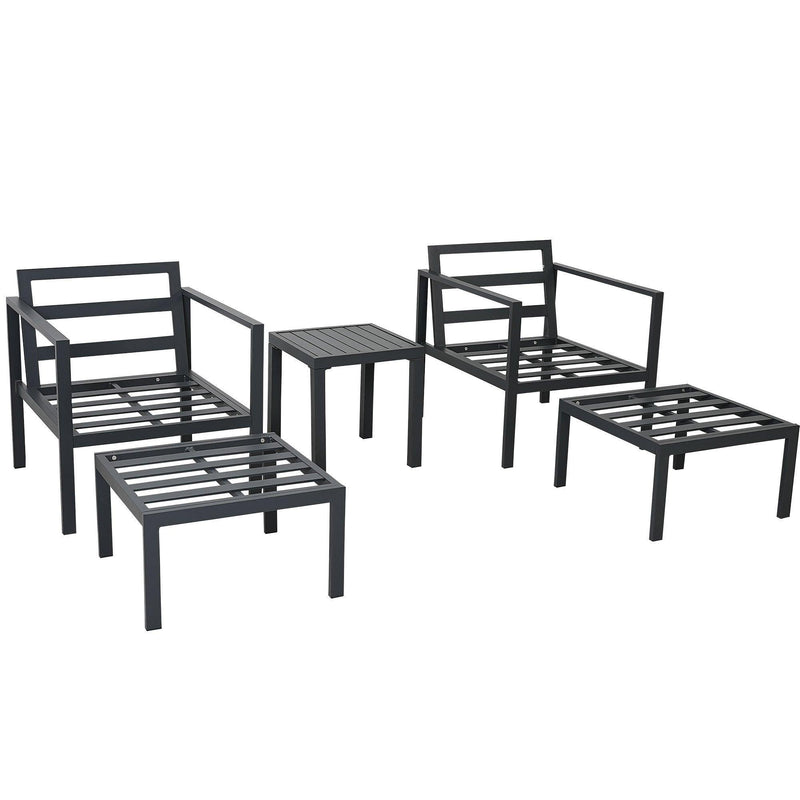 Supfirm Outdoor Patio 5-piece Aluminum Alloy Conversation Set Sofa Set with Coffee Table and Stools for Poolside, Garden,Black Frame+Gray Cushion - Supfirm