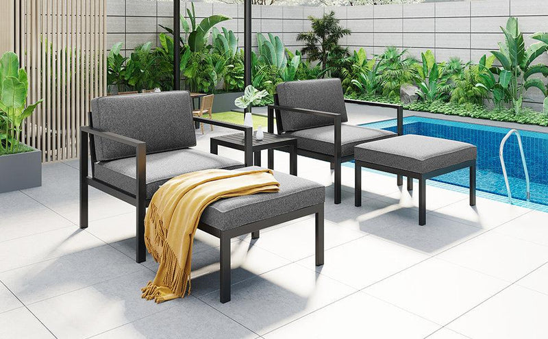 Supfirm Outdoor Patio 5-piece Aluminum Alloy Conversation Set Sofa Set with Coffee Table and Stools for Poolside, Garden,Black Frame+Gray Cushion - Supfirm