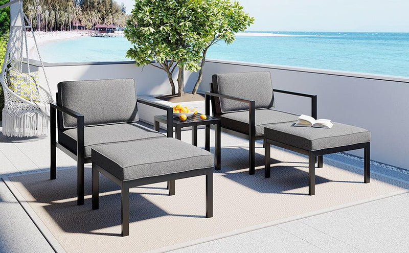 Supfirm Outdoor Patio 5-piece Aluminum Alloy Conversation Set Sofa Set with Coffee Table and Stools for Poolside, Garden,Black Frame+Gray Cushion - Supfirm