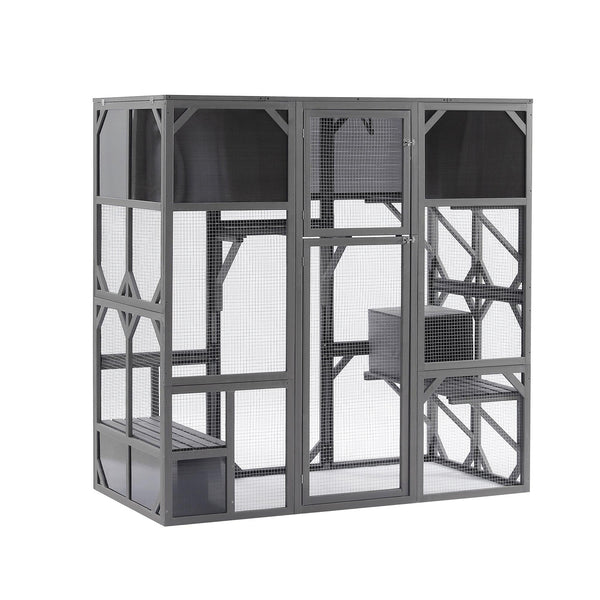 Outdoor Wooden Cat House Catio Enclosure with Super Large Enter Door Cat Kennel with Bouncy Bridge, Platforms and Small Houses Walk in Kitten Cage with Sunshine Board - L67.5'', Dark Grey - Supfirm