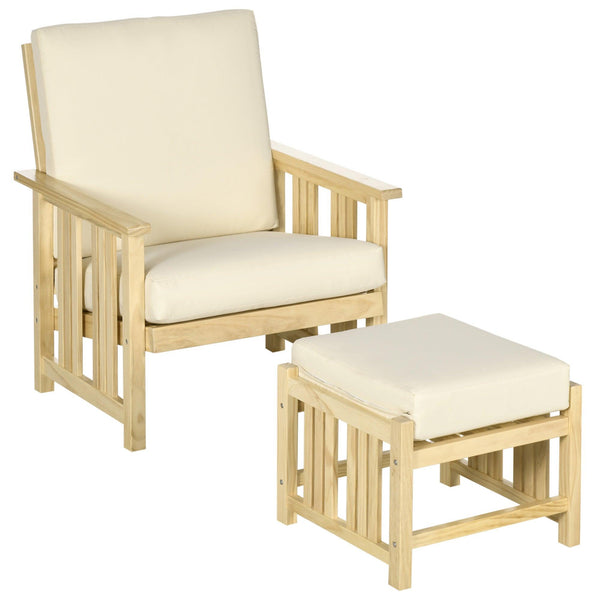 Outsunny Patio Furniture Set, Wood Outdoor Patio Chair with Ottoman, 2 Piece Cushioned Outdoor Lounge Chair, Sofa Chair with Footrest, Beige - Supfirm