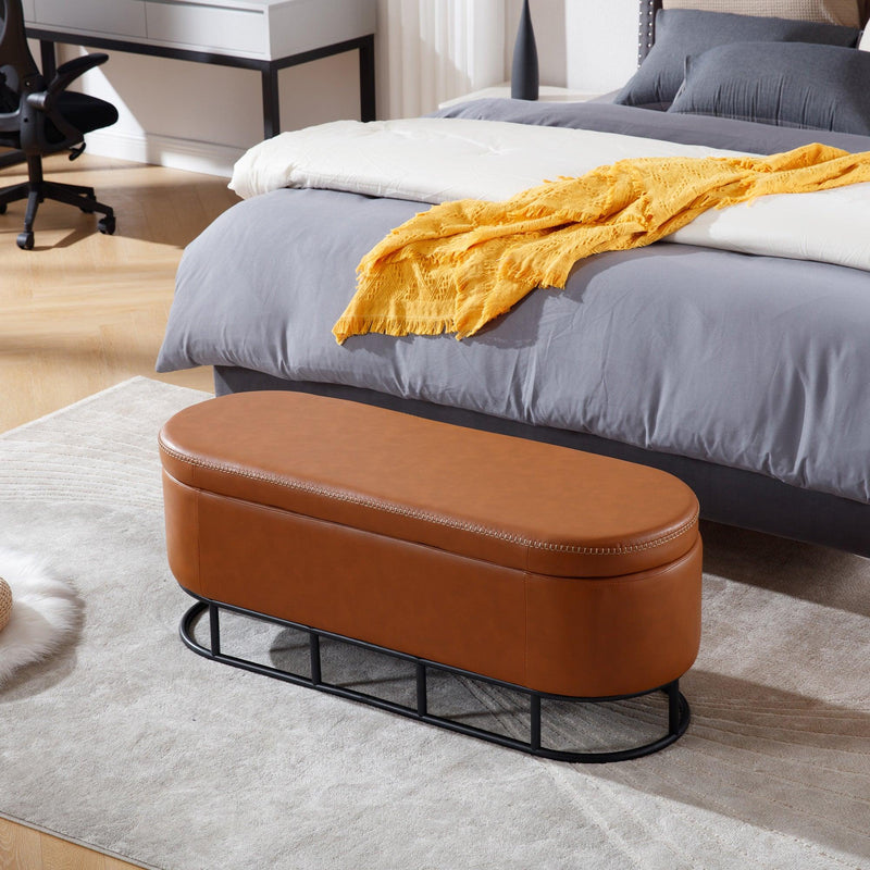 Oval Storage Bench for Living Room Bedroom End of Bed,Upholstered Storage Ottoman Entryway Bench With Metal Legs,Brown - Supfirm