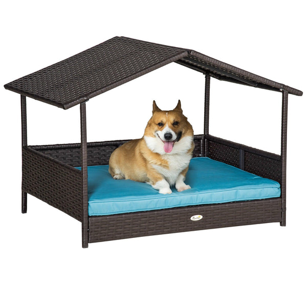 PawHut Wicker Dog House Elevated Raised Rattan Bed for Indoor/Outdoor with Removable Cushion Lounge, Blue - Supfirm