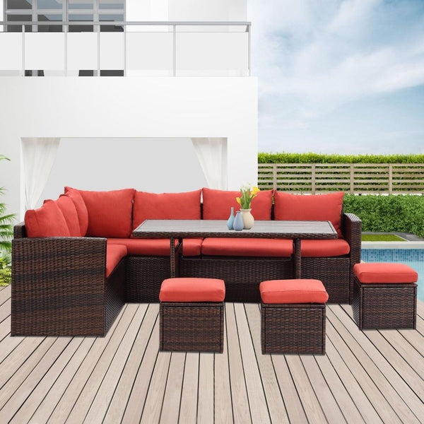 PE Wicker Patio Outdoor Furniture Brown Red Couch Sofa Set Foot Stool Side Table Sectional - Supfirm